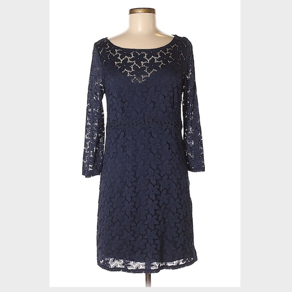 Boatneck Navy Lace Dress | Laundry by Shelli Segal - Picture 1 of 7